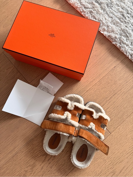 Hermes Shoes - Hermes Suede Shearling-Lined Chypre Sandals